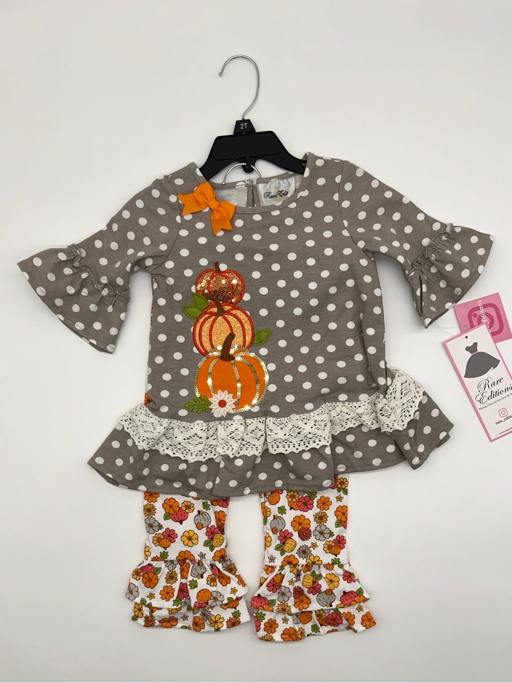 Rare Editions Girls 2T Gray Polka Dot Pumpkin Ruffle Fall Outfit Set